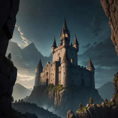 Dark castel in the Rocks, high and impregnable castle-tower, with many warriors