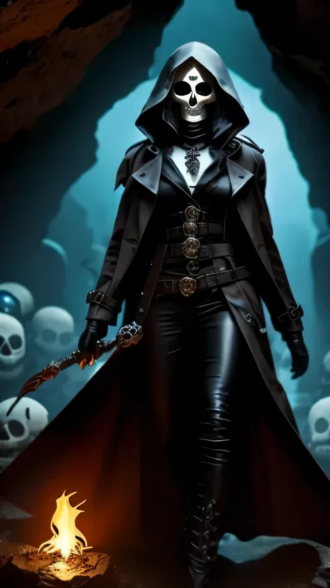 female necromancer wearing trench coat with her skull minions in a cave