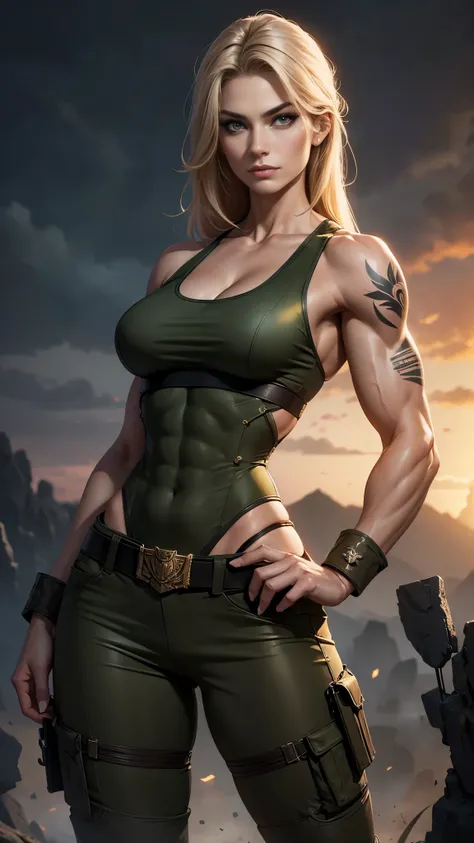 a gorgeous and stunning female soldier fighting on the battlefield, smirking, tall, statuesque, imposing, towering, biceps, tric...