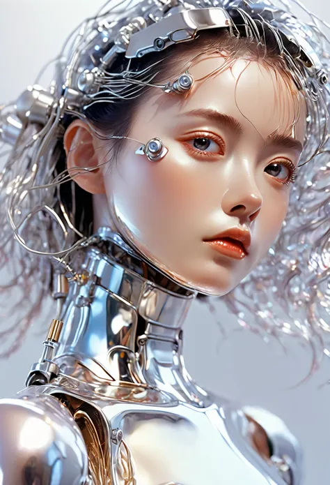 Hajime Sorayama, 90s, laboratory, fashion woman, portrait of her robot girl , freckle,HD facial features, F4, 35mm, photography, natural light , bright，Jelly texture，Skin is crystal clear