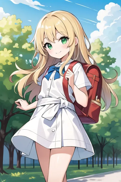 Blonde, elementary school student, green eyes, long hair to the waist, elementary school student, white clothes, white miniskirt, kind smile, park, short, 9 years old, 135cm tall, blue sky, red backpack, hair hanging outside