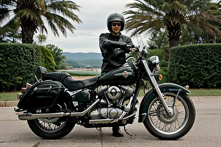 1950s Harley-Davidson touring motorcycle with a leather-clad rider wearing aviator sunglasses