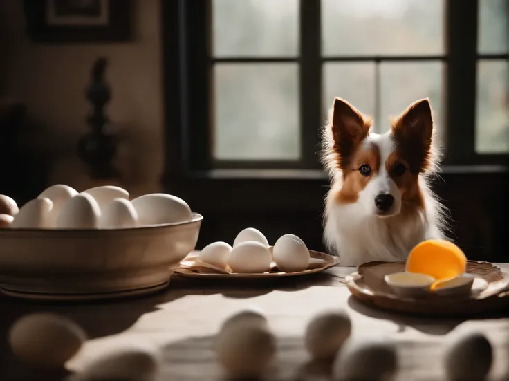 Fotorrealista de un Border Collin, disfrutando de unos huevos de color blanco, muy emocionado sentado en una mesa, a su lado otro perro de color blanco. (movie: 1.2), Detalles intrincados, (art station: 1.3), rutkowski