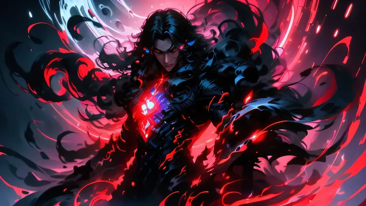 ((Night time)), A ((mysterious)) long black-haired man stands on top of a towering building, ((exuding an aura of power and enigma)). With his ((mesmerizing)) water-bending ability, he effortlessly floats in mid-air, as crimson liquid swirls and dances aro...