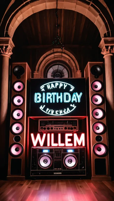 photorealistic, (happy birthday willem text logo:1.38), dj equipment,large speakers, neon LED indicators, digital machine, LED screen, wooden boombox, large wooden speakers, classic style, in a castle, all made of wood, warm and rich atmosphere,