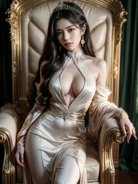 A regal woman adorned in extravagant robes, her long flowing hair . She stands before a grand chessboard, her piercing gaze fixed upon a lone pawn that dares to challenge her domain. As a queen, she exudes an aura of power and grace, her every move deliber...