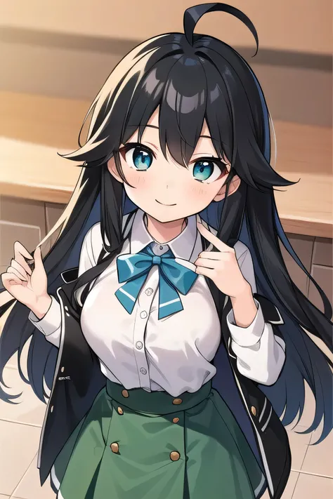 Junior high school student who looks like an elementary school student, 14 years old, very short, 140 cm tall, black hair with a slight green tinge, short ahoge, beautiful long hair but with a little hair sticking out, beautiful round eyes, blue eyes, smil...