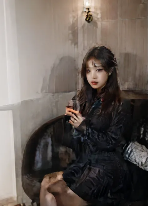 Theres a woman sitting on a couch holding a glass of wine, com uma bebida, com preto, she holds a glass of wine, roupas de seda preta e vermelha, Ulzzang, segurando uma bebida, cruel korean goth girl, Heonhwa Choe, 🔞🤡, Jinyoung Shin, Com cabelo comprido, i...