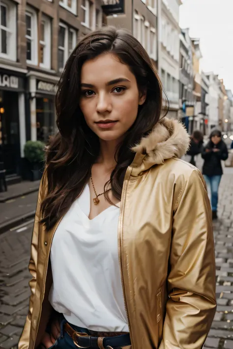 Portrait photo of a young French woman, natural skin, Beleuchtung zur goldenen Stunde, Lederjacke, Halsband-Halskette, Pferdeschwanz, Amsterdam, auf einer Fujifilm X-T4 mit einem 50-mm-Objektiv, im Stil von Brandon Woelfel 