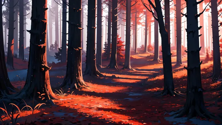 4k CG wallpaper, intricate details, best quality, night sky, (((red dark forest))), bloody forest