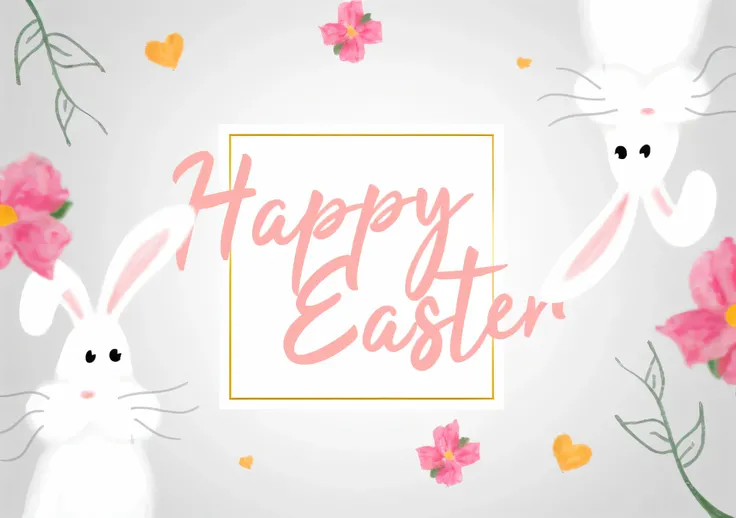 there are two white rabbits with pink flowers and a gold frame, easter, 🤬 🤮 💕 🎀, happy, best on adobe stock, bunny, 🎀 🍓 🧚, 🎀 🗡 🍓 🧚, easy, happy!!!, with bunny rabbit ears, very very happy!, with bunny ears, 🎀 🧟 🍓 🧚, 🌸 🌼 💮