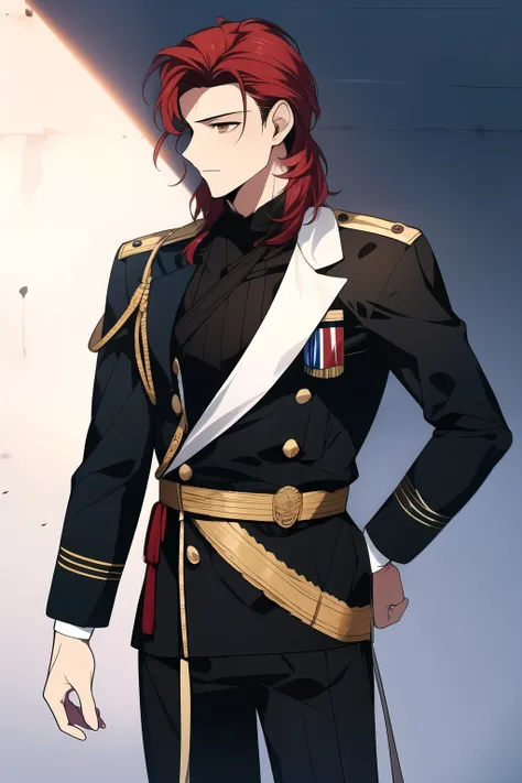 ((best quality)), ((masterpiece)), (detailed), (a man), perfect face, standing half body, facing forward, white pale skin, long red hair, dark brown eyes, fit muscular body, black historical european military clothes,