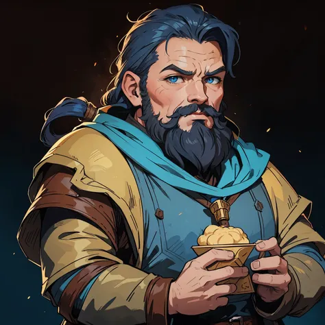 there is a man with a beard and a blue shirt , Dungeons and Dragons Character, retrato de um personagem dnd, inspired por Johannes Helgeson, d & Retrato do personagem D, Caleb from Critical Role, por Johannes Helgeson, retrato de barbatana wildcloak, arte ...