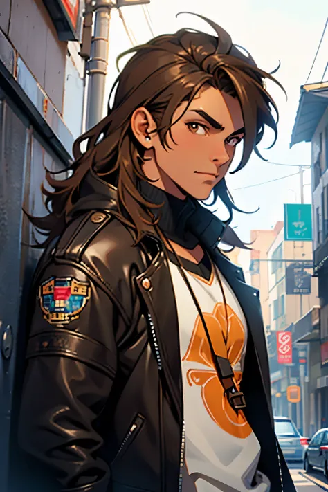 "Design a pixel art character named Miliobiro, depicting a young boy with long brown hair, brown eyes, and a medium-brown skin tone. He should be wearing a leather jacket adorned with the anarchist symbol. The character should be portrayed in a pixel art s...