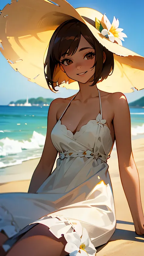 (Best quality, dynamic lighting, highly detailed, HDR) Brown haired young woman, mature, beautiful, bob hair, brown eyes, slim, medium-small breasts, white floral summer dress, summer hat, bare shoulder, cleavage, sleeveless, smiling, beach background.