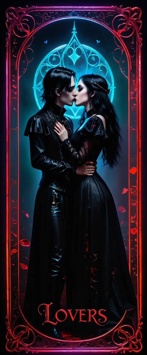 Tarot cards, Couples kissing, Gothic style, mysterious with dark neon and holographic colors, bloody red card border, the word Lovers inscription detailed, 8k