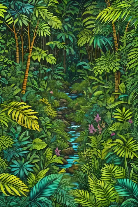 Beautiful hyper-realistic and super-detailed masterpiece that shows the vegetation of a tropical jungle with exotic, large-leaved plants,