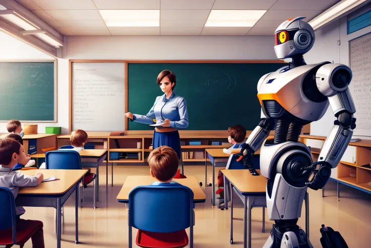 teacher in a classroom next to a nice-looking robot, teaching in a classroom, with very enthusiastic children, well-drawn lines, high quality image, 4k