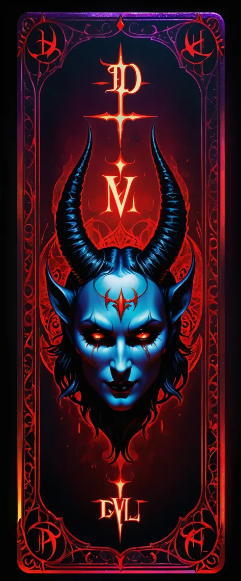 Tarot cards, Lucifier, Gothic style, mysterious with dark neon and holographic colors, bloody red card border, the word DEVIL inscription detailed, 8k