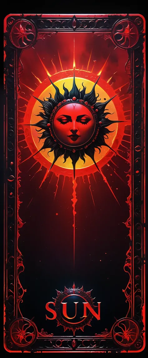 Tarot cards, Red sun, Gothic style, mysterious with dark neon and holographic colors, bloody red card border, the word SUN inscription detailed, 8k