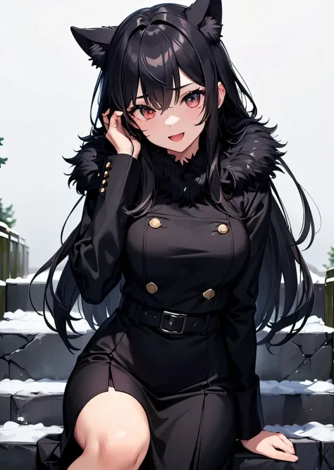 8620 (maitetsu),8620 (uniform),masterpiece, highest quality, Super detailed, figure,black dress,fur coat,have,think back,:d,white background,((eye highlights)),winter,stone stairs,hedge,cold