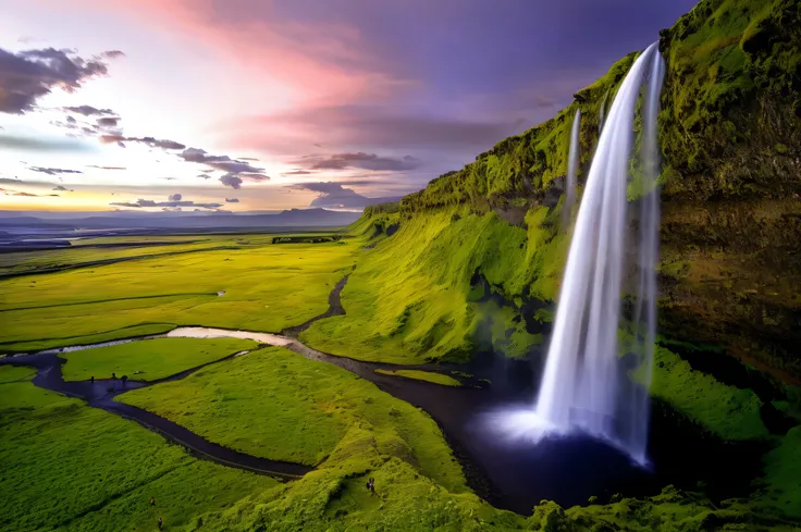 arafed waterfall in the middle of a lush green valley, breathtaking landscape, iceland, majestic nature scenery, epic and stunning, beautiful stunning waterfall, stunning waterfall, with waterfalls and river, stunning nature in background, an endless water...