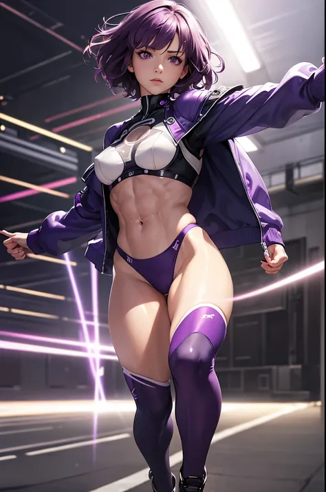 (realistic: 1.4), highest quality, very delicate and beautiful, High resolution, masterpiece, highest quality, 1girl, purple eyes, purple hair, medium breasts, (short Hair:1.3), , (abs:1.2), (muscular:1.1), cyber punk suits, wavy hair, Magic Circle, (runni...