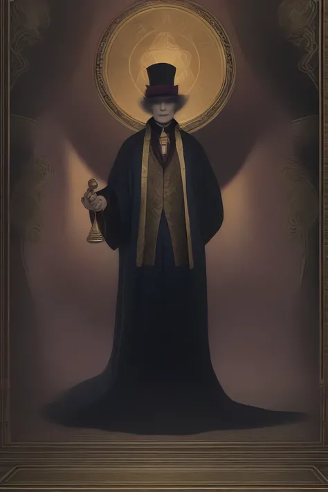 masterpiece, best quality, very aesthetic, absurdres, award winning illustration of the magician, extremely detailed, highly detailed portrait, full body shot, Tarot Card Style