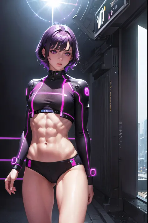 (realistic: 1.4), highest quality, very delicate and beautiful, High resolution, masterpiece, highest quality, 1girl, purple eyes, purple hair, medium breasts, (short Hair:1.3), , (abs:1.2), (muscular:1.1), cyber punk suits, wavy hair, Magic Circle, (runni...