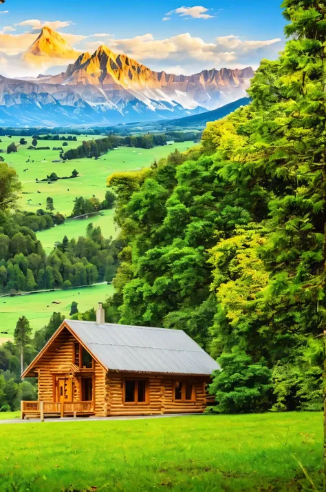 a beautiful realistic wooden house in the middle of green landscape and mountains, view from far,