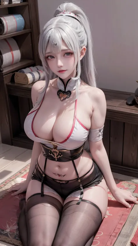 A girl with white hair, High ponytail hairstyle, sports tops, extra large bust, Succubus, (((Succubus tattoo on lower abdomen))), Transparent super tight low waisted ribbon pants, (((ultra-low waist))), Full body image, Sexy girl, Sexy, happy laughter, shy...