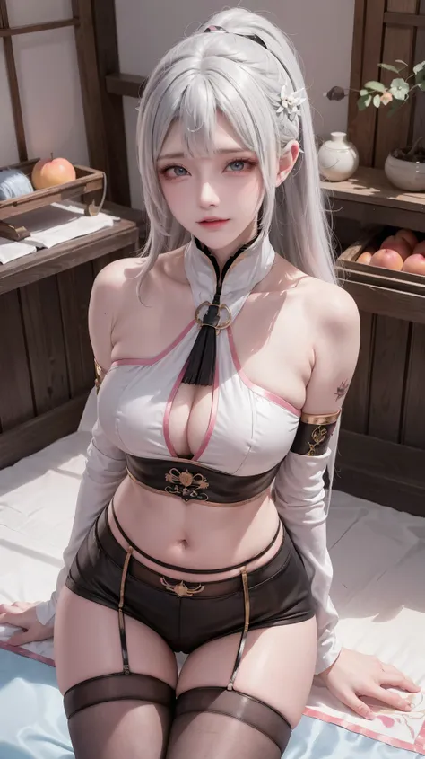 A girl with white hair, High ponytail hairstyle, sports tops, extra large bust, Succubus, (((Succubus tattoo on lower abdomen))), Transparent super tight low waisted ribbon pants, (((ultra-low waist))), Full body image, Sexy girl, Sexy, happy laughter, shy...