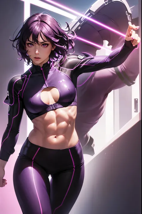 (realistic: 1.4), highest quality, very delicate and beautiful, High resolution, masterpiece, highest quality, 1girl, purple eyes, purple hair, medium breasts, (short Hair:1.3), , (abs:1.2), (muscular:1.1), cyber punk suits, wavy hair, Magic Circle, (runni...