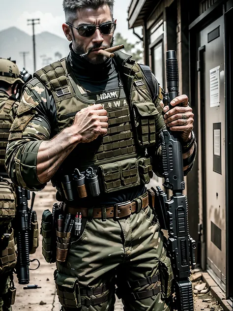 Mercenary, male focus, holding weapon with two hands, assault rifle, load-bearing vest, cigar in mouth, ammunition belt, danger atmosphere, war zone