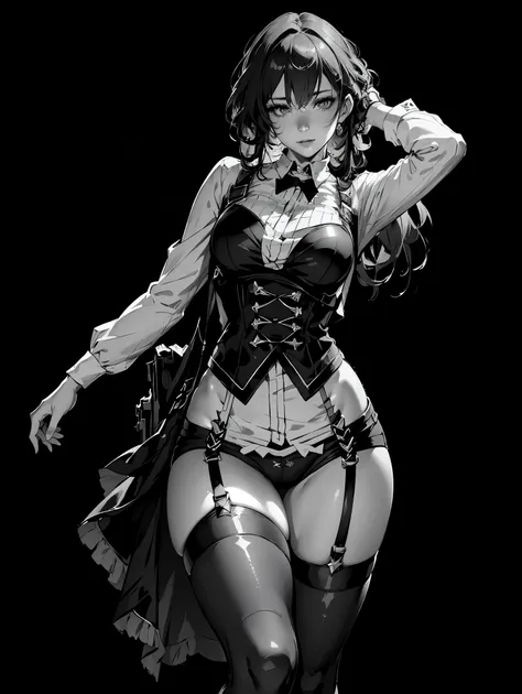 (best quality, 4k), (ultra details ayes), epic realistic, Kafka character, honkai star rail , stocking suspenders, anime style, vintage, (black monochrome background) best form, details, jump up, shadow and light, professional photography 