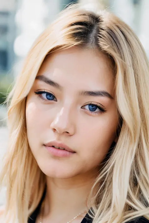 Realistic portrait photo of beautiful 20-years old young Japanese asian woman with blonde hair , influencer, clear and intense blue eyes , Instagram , light makeup,hyperdetailed photography, soft light, symetricial face , similar face to Adrian Lima
