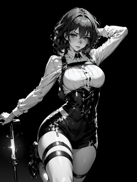 (best quality, 4k), (ultra details ayes), epic realistic, Kafka character, honkai star rail , stocking suspenders, anime style, vintage, (black monochrome background) best form, details, jump up, shadow and light, professional photography 