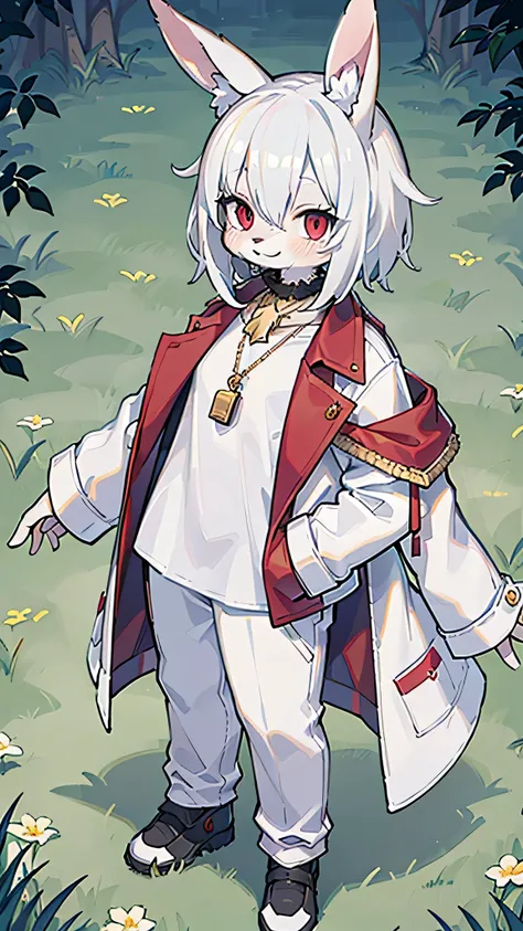 (masterpiece, highest quality), intricate details, 8k, White rabbit ears, whole body, one man, red eyes, Normal body type, grassland, anime, expensive, white hair, white coat, red pants, furry, in the middle, smile, Golden necklace, short hair, Are standin...