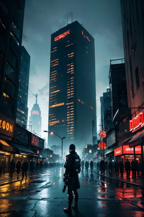 A dystopian future with a futuristic face city in decay. People are scattered everywhere, including merchants and cyborgs of the underworld engaging in buying and selling commerce. Neon advertising illuminates the streets, with posters plastered everywhere...