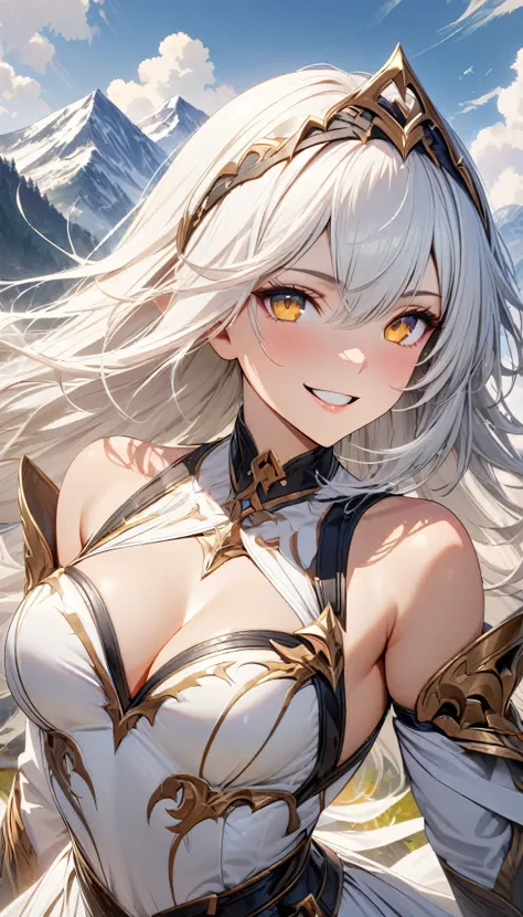 masterpiece, extremely high quality, fine lines, perfect eyes, elegant stance, happy, long white hair, yellow eyes, black tiara, mountain, clouds, epic, close shot, looking at viewer, parted lips, teeth, happy face, smiling, medium breast, white dress, bar...