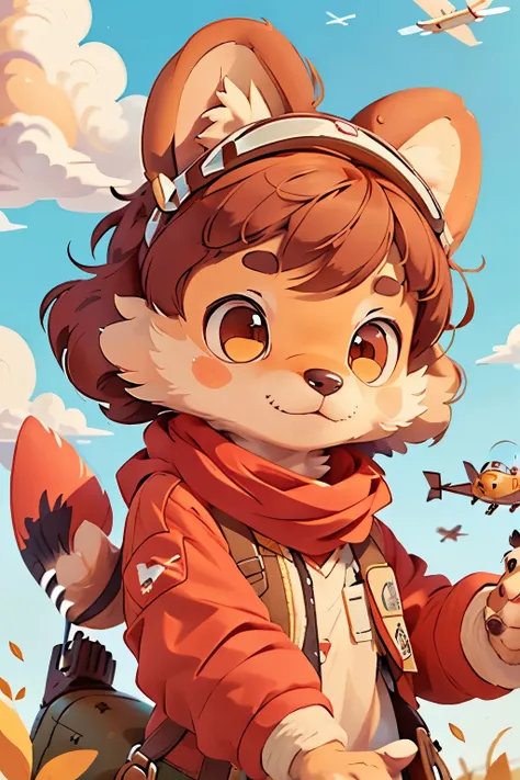 ((best quality)), ((masterpiece)), (detailed), perfect face，Brown Poodle，red nose，dog pilot，Dog flies airplane in the sky，red scarf