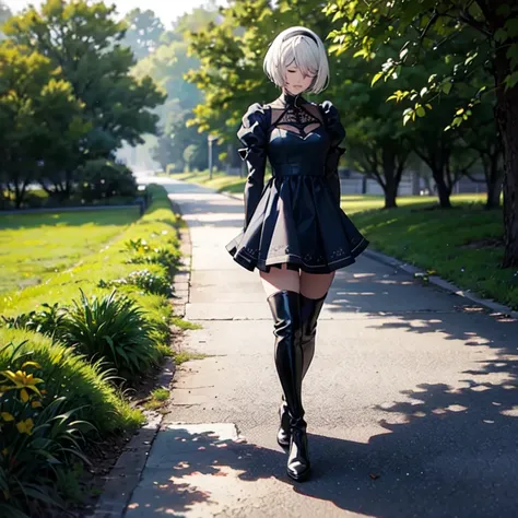 1 girl, One, short hair, thigh high, black costume, black, gloves, long sleeves, dress, standing, White hair, hair band, Boots, on open air, black gloves, puffy sleeves, black thigh high, black footwear, black dress, cutout in clothes, thigh Boots, cutout,...