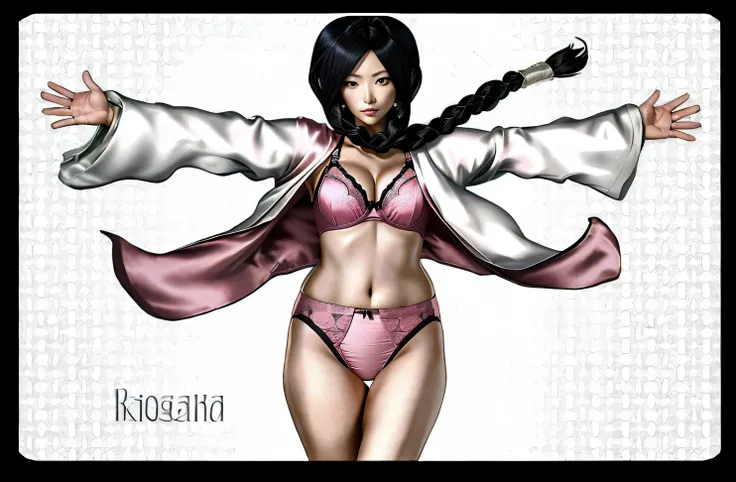 ((masterpiece, best quality)), ((39 year old)), (((Curvy))), ((Unohana from Bleach)), ((Japanese woman with long black braided hair)), ((pink satin panties)), pink satin bra, white kimono, Blue eyes, (((photo realistic)))