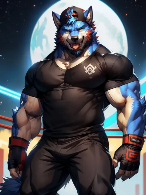 solo, anthro, furry, furry male, wolf, ((fluffy fur, fluffy, furry body)), (wolf print), yellow eyes, backwards cap, baseball cap, snapback, white hat, hair tuft, short hair, (dark blue body, indigo body, muscles), wolf tail, ((cyan hair, short hair)), (be...