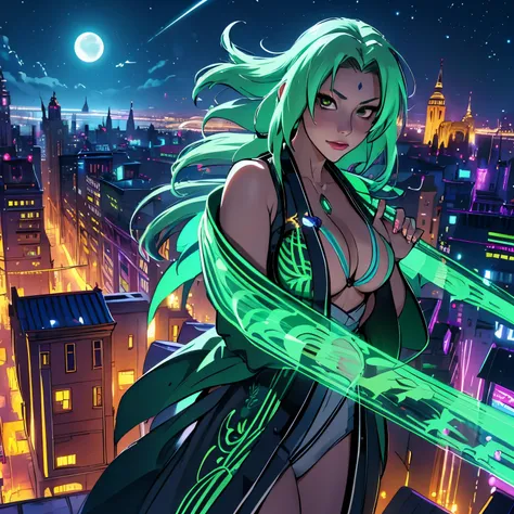 (best quality,4k,8k,highres,masterpiece:1.2),ultra-detailed,(realistic,photorealistic,photo-realistic:1.37),Tsuanade,green robe,old city,night time,moon,neon lights,tits,emerald green robe,aged cityscape,festival of lights,painted with meticulous details,t...