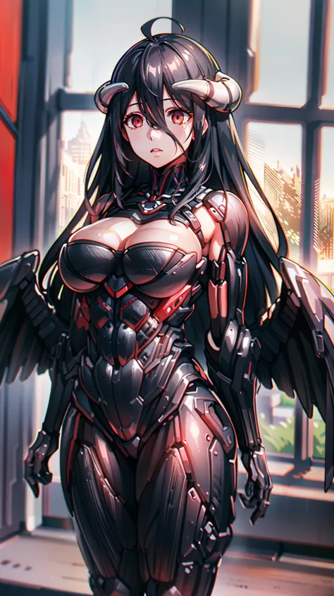 1 girl, al1, demon horns, black wings, feathered wings, low wings,(Overload),((huge breasts 1.5)), Shining crimson eyes,absurd, brainwashing,empty eyes, mind control device,((No expression,erasure of emotions)), (black nano suit) , full body figure,(standi...