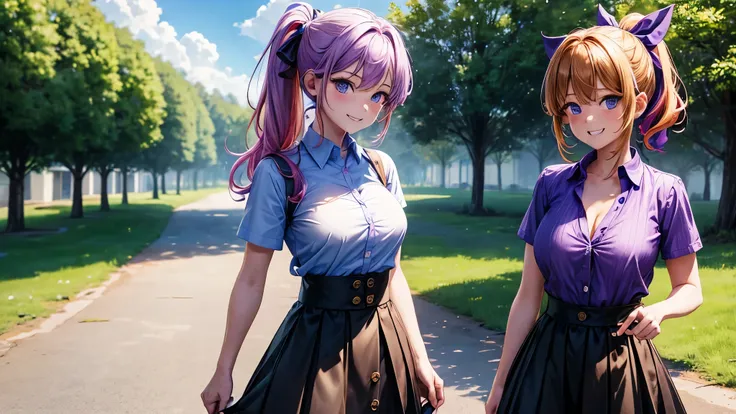 2girls, summer, village, trees, sun, clouds, ((colorful hair)), ponytail, large breasts, button down, blue eyes, ((purple shirt)), ((unbuttoned shirt)), unbuttoning buttons, popping buttons, ((short sleeved shirt)), black mini skirt, brown shoes, grin, loo...