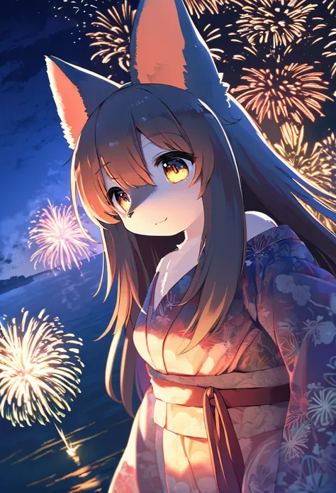 top quality, best quality, highres, masterpiece, super high resolution, detailed background, lake, nigh sky, firework, japanese yukata, absurdres, perfect anatomy, good lighting, cinematic shadow(1girl, kemono, furry anthro)assorted expressions, upper shot...