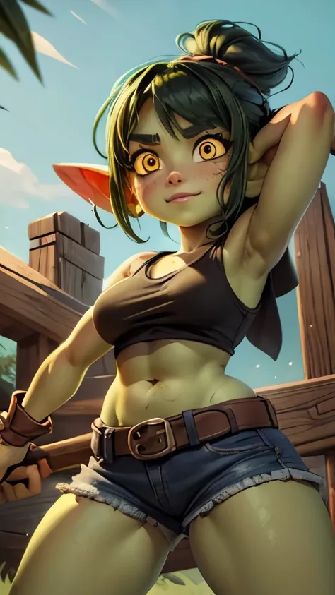 ((best quality)), ((masterpiece)), (detailed), 1 girl, 1girl, solo, 4k, short heavyset chubby green goblin girl wearing torn shorts and tank top yellow bandana leather toolbelt with a claw hammer hanging from it, black hair, green skin, yellow eyes, freckl...