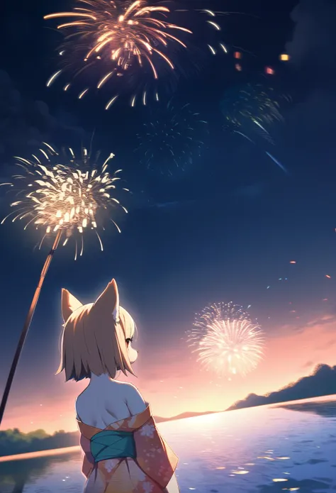 top quality, best quality, highres, masterpiece, super high resolution, detailed background, lake, nigh sky, firework, japanese yukata, absurdres, perfect anatomy, good lighting, cinematic shadow(1girl, kemono, furry anthro)assorted expressions, upper shot...